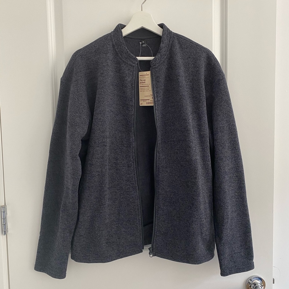 Muji Men’s Knit Fleece Zip Up Jacket, Dark Grey